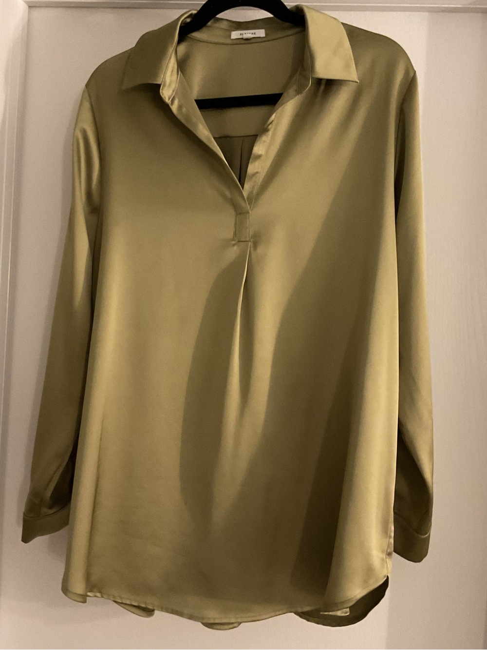 Pleione Olive Green Satin V-Neck Tunic